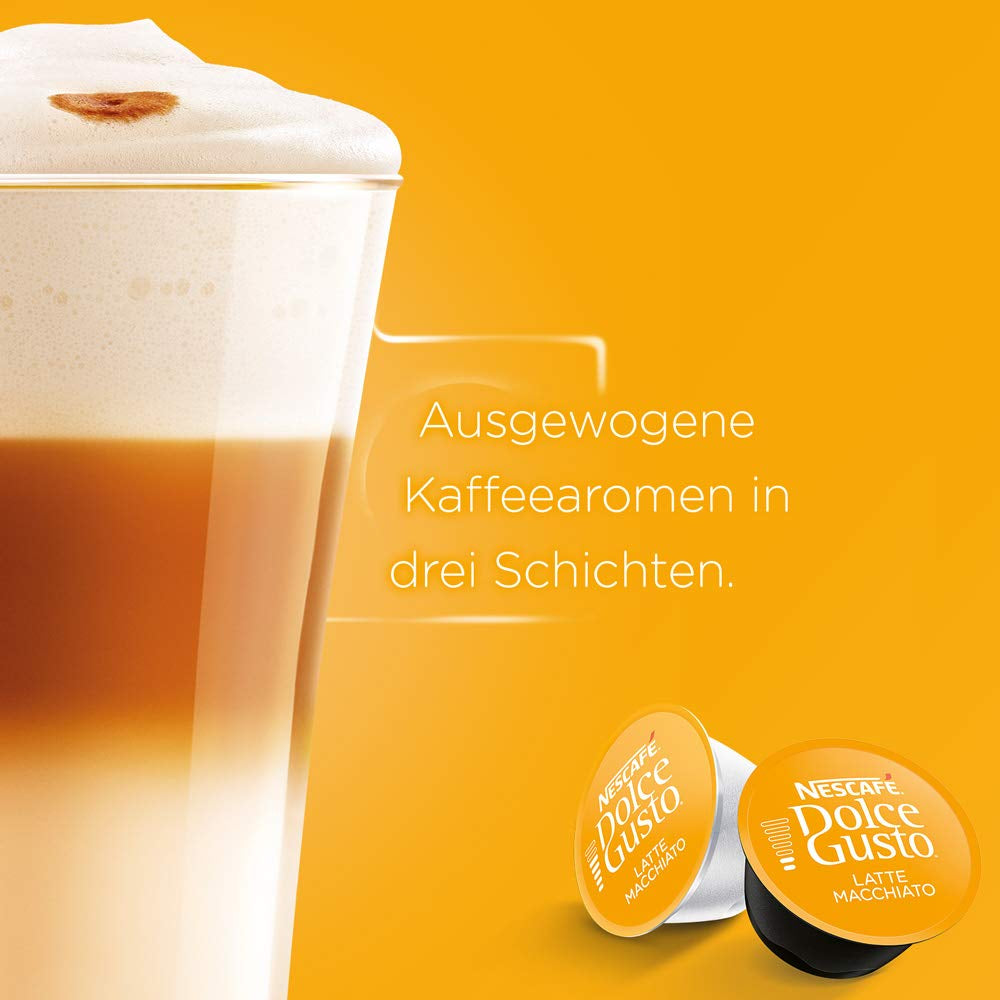 NESCAFÉ Dolce Gusto Latte Macchiato, 48 Kaffeekapseln, Aromatischer Espresso, 3-Schichten -Köstlichkeit aus feinem Milchschaum, Aromaversiegelte Kapseln, 6er Pack (3x16 Kapseln)