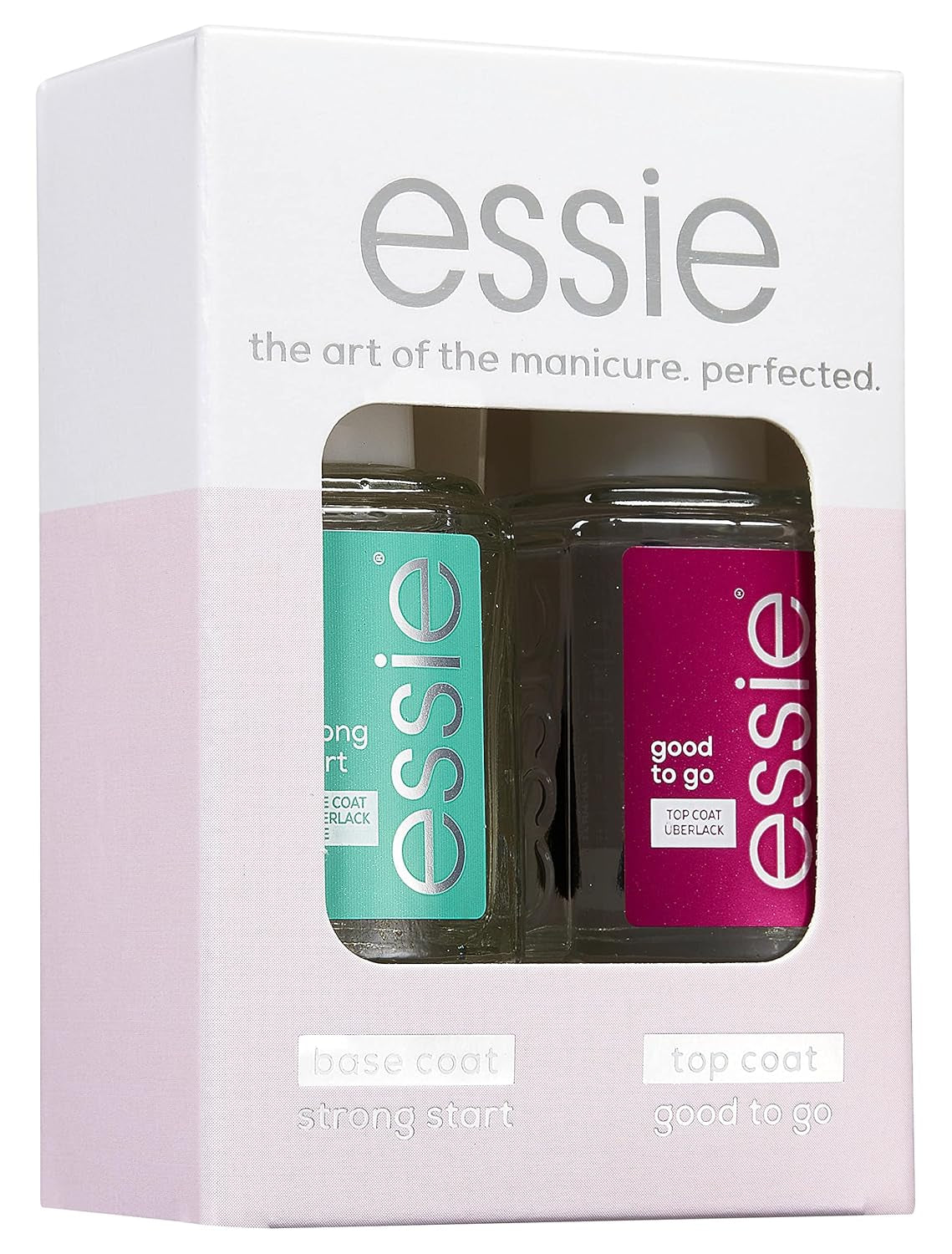 Set de ojă Essie Routine Nail Care Duo, cu bază Strong Start și top coat Good to Go. Set de ojă profesională pentru unghii mai puternice și mai sănătoase și un finisaj lucios, de lungă durată.