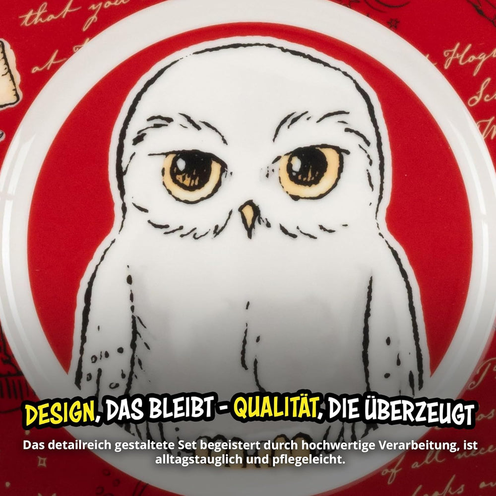 Set de veselă Harry Potter, 3 piese, roșu, set de mic dejun din porțelan cu farfurie Ø 19 cm, cană 220 ml și bol 330 ml, set de veselă