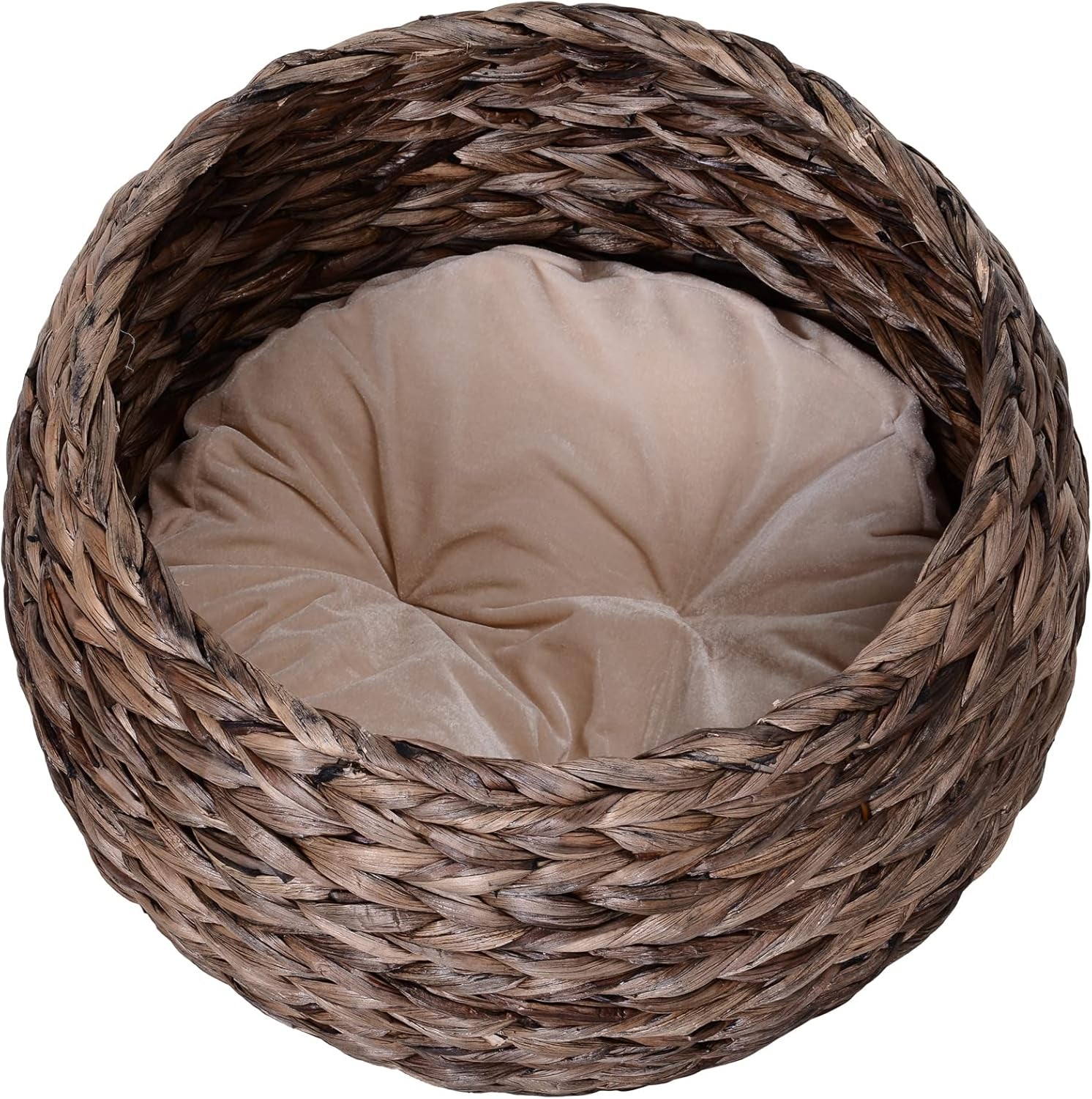 PawHut Rattan Katzenkorb Katzenhöhle Katzenhütte Katzenbett mit Kissen Haustierbett Wasserhyazinthe Kaffee 50 x 42 x 60 cm