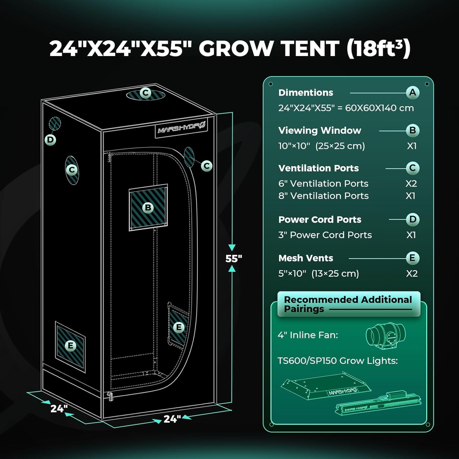 MARS HYDRO Grow Tent 60x60x140cm, Indoor Grow Tent, Reflective Mylar Grow Tents for Hydroponics, Removable Bottom Tray for Plant Growing Space