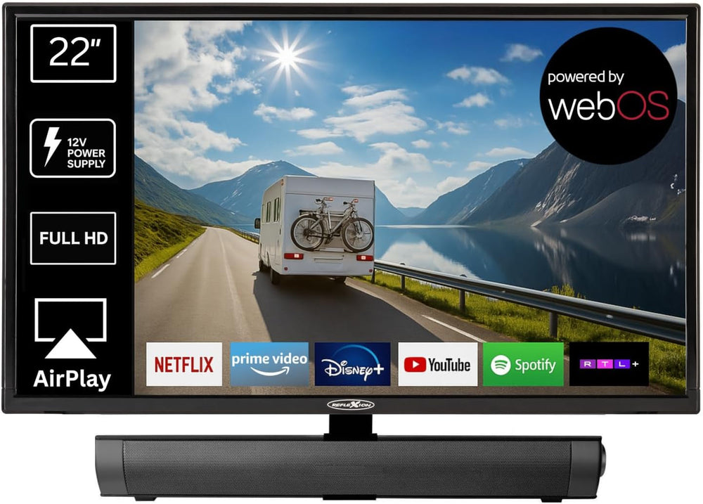 Televizor inteligent Reflexion LED24iBT de 24 de inci cu soundbar, Full HD, WLAN, Bluetooth, HDMI, USB, CI+, adaptor auto de 12V – ideal pentru autorulote, caravane, rulote și bărci – incl. telecomandă