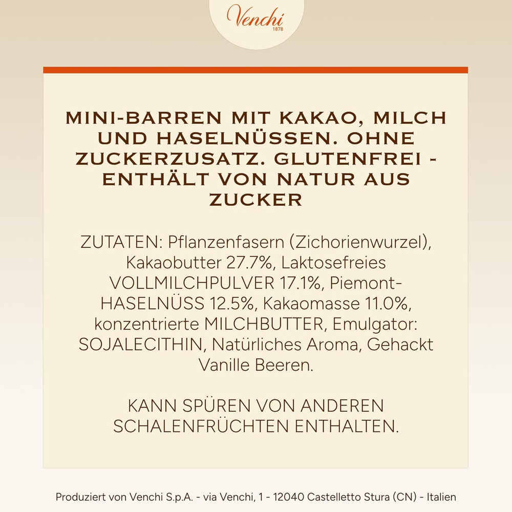 Venchi - Chocolate bars with milk and hazelnuts - 70% sugar - Pralines with PGI Piedmont whole hazelnuts, 1 kg - Gluten free