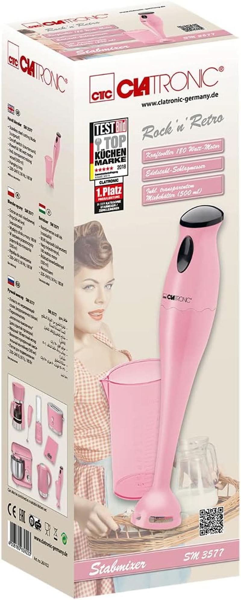 Clatronic Stabmixer/Pürierstab/Blender/Stab-Mixer/Stick/Mixstab SM 3577; Edelstahl-Schlagmesser; Für Smoothie, Kürbispüree, Babybrei, Milchshake; Mit Mixbehälter (500 Ml); 180 Watt; Pink Bucatarie Naty Shop