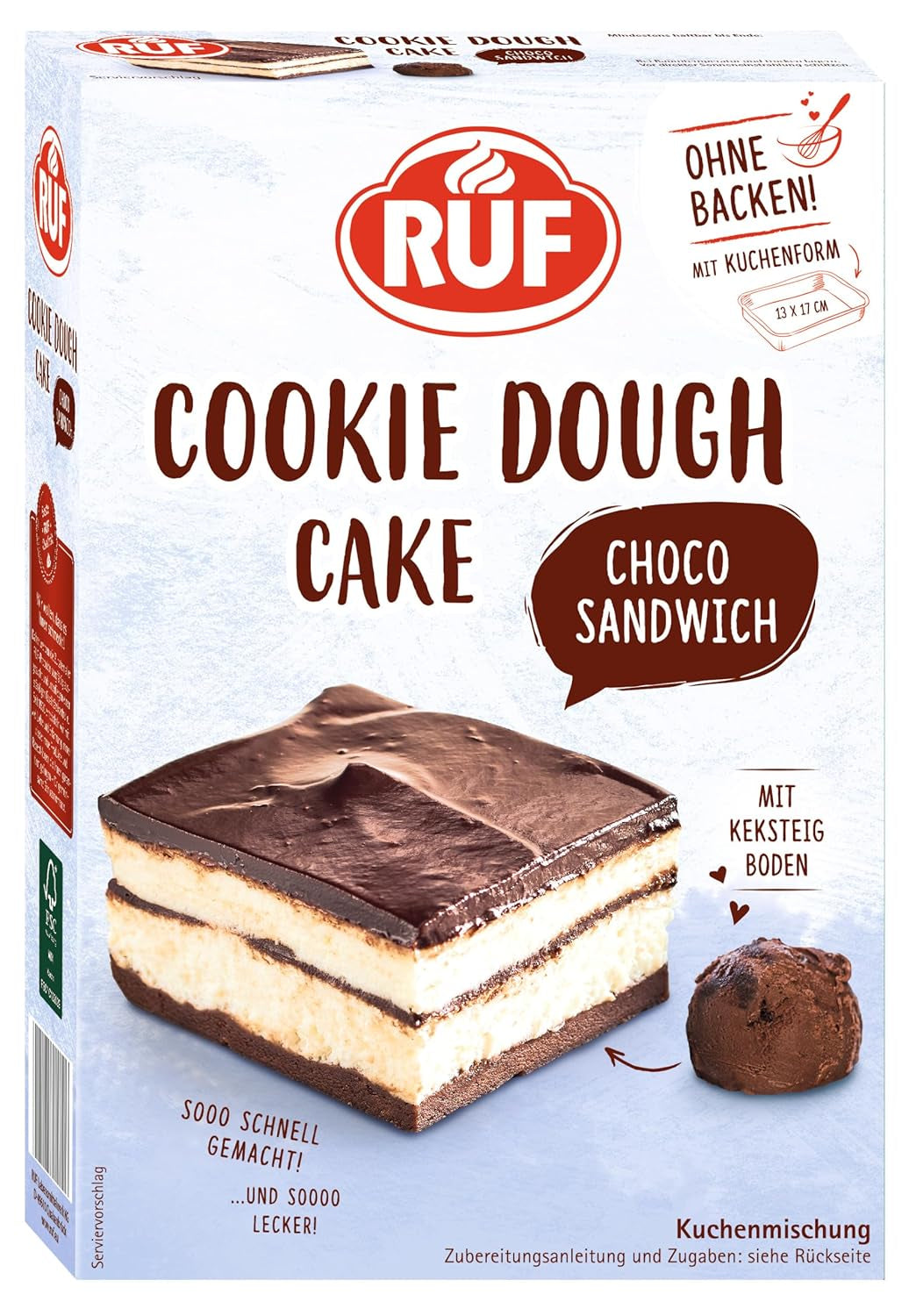 RUF Cookie Dough Cake Ohne Backen, Tortenboden Aus Keksteig Mit Frischkäse-Creme Und Schokoladenstückchen, Inkl. Kuchenform, 1X325G Mixture for baking and cooking Naty Shop 320 G (1Er Pack) Cookie Dough Sandwich