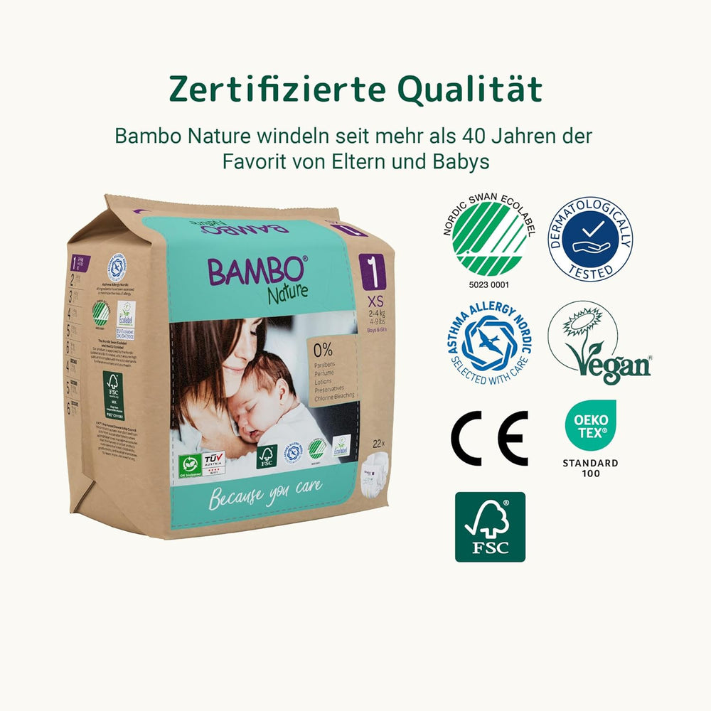 Bambo Nature Baby Diapers, Size 1 (2-4 kg), 132 Count Monthly Box | Premium Diapers with Enhanced Leak Protection | Ultimate comfort and freedom for newborns | Dermatologically tested diapers
