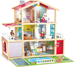Casă de păpuși Hape Doll's Villa din lemn cu 10 camere, joc de rol creativ, inclusiv mobilier și accesorii, jucărie educativă, pentru copii de la 3 ani în sus