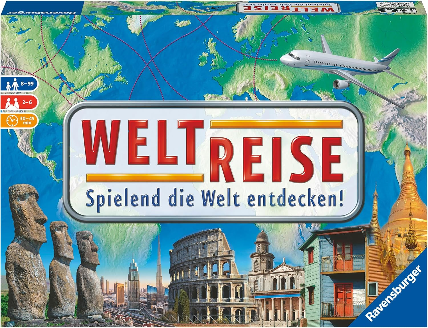 Ravensburger Family Game 26888 - World Tour - Classic for families, ages 8 and up - Party game, world travel, board game for up to 6 players - 170+ cities