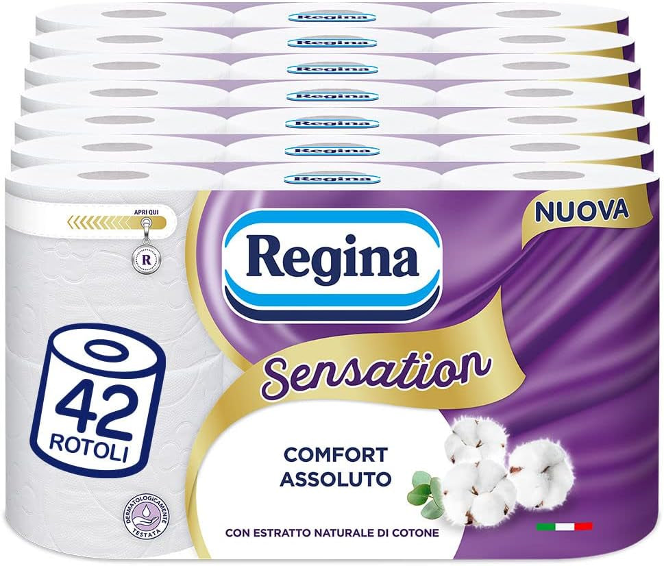 Hârtie igienică Regina Sensation, 42 role, 160 lacrimi moi în 3 straturi, moale și durabilă, cu extract natural de bumbac, pachet cu 60% plastic reciclat, certificat Fsc