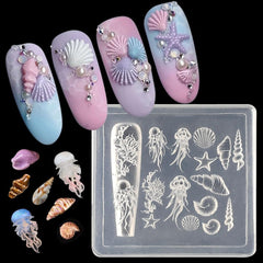 3D Gel Nail Art Silikonformen Gießformen Ocean Nail Charms Nageldesign Silikonform Quallen Muschel Nagelstempel Koralle Seestern Nagelschablonen Sommer Nagel Charms Nagel Schablone Nägel Zubehör