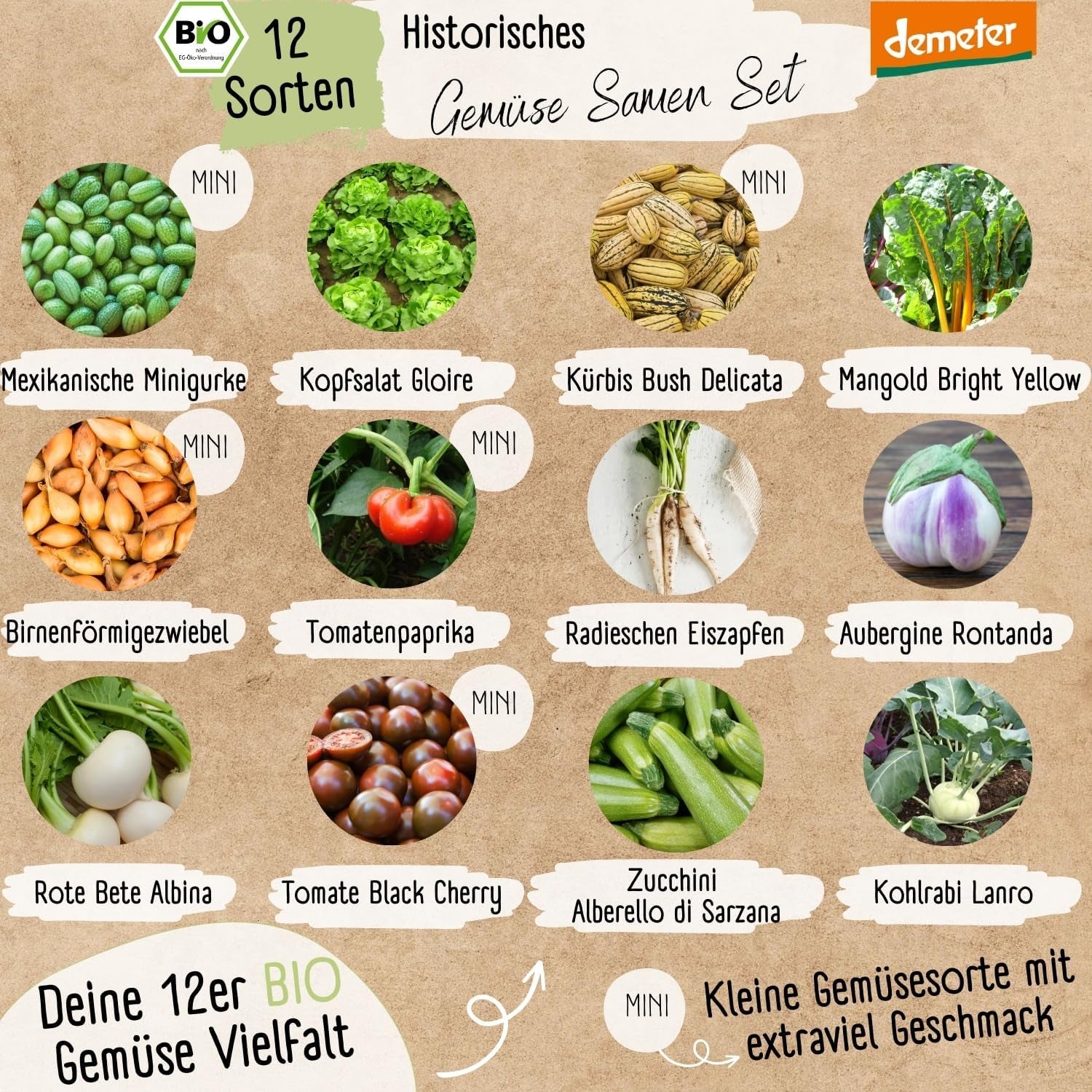 Organic Vegetable Seed Set - 12 Varieties of Demeter Vegetable Seeds | Rare and Family Vegetable Seeds, All Free Pollinated | Family vegetable varieties for balconies, raised beds, gardens and gifts | Loveplants