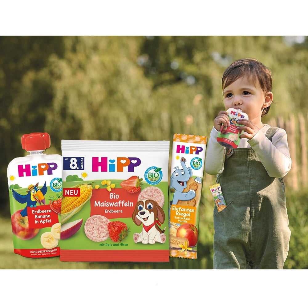 HiPP Bio Quetschie Mirabelle in Apfel-Pfirsich - Ellis Einhorn (8 x 100g), ab 1 Jahr, 100% Fruchtpüree, ohne Zuckerzusatz, vegan, in bester Bio-Qualität
