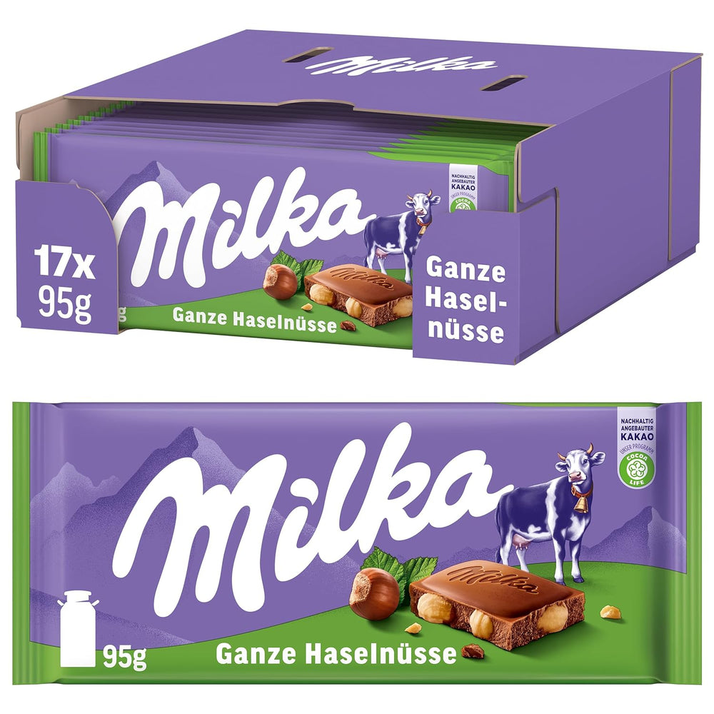 Milka Alpine Milk chocolate with whole hazelnuts - Chocolate with crunchy nuts - 17 x 95g