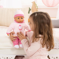 Babypuppe First Words mit Schlafaugen, spricht 24 Babylaute, mit Schnuller und Flasche, 38 cm, Rosa/Streifen
