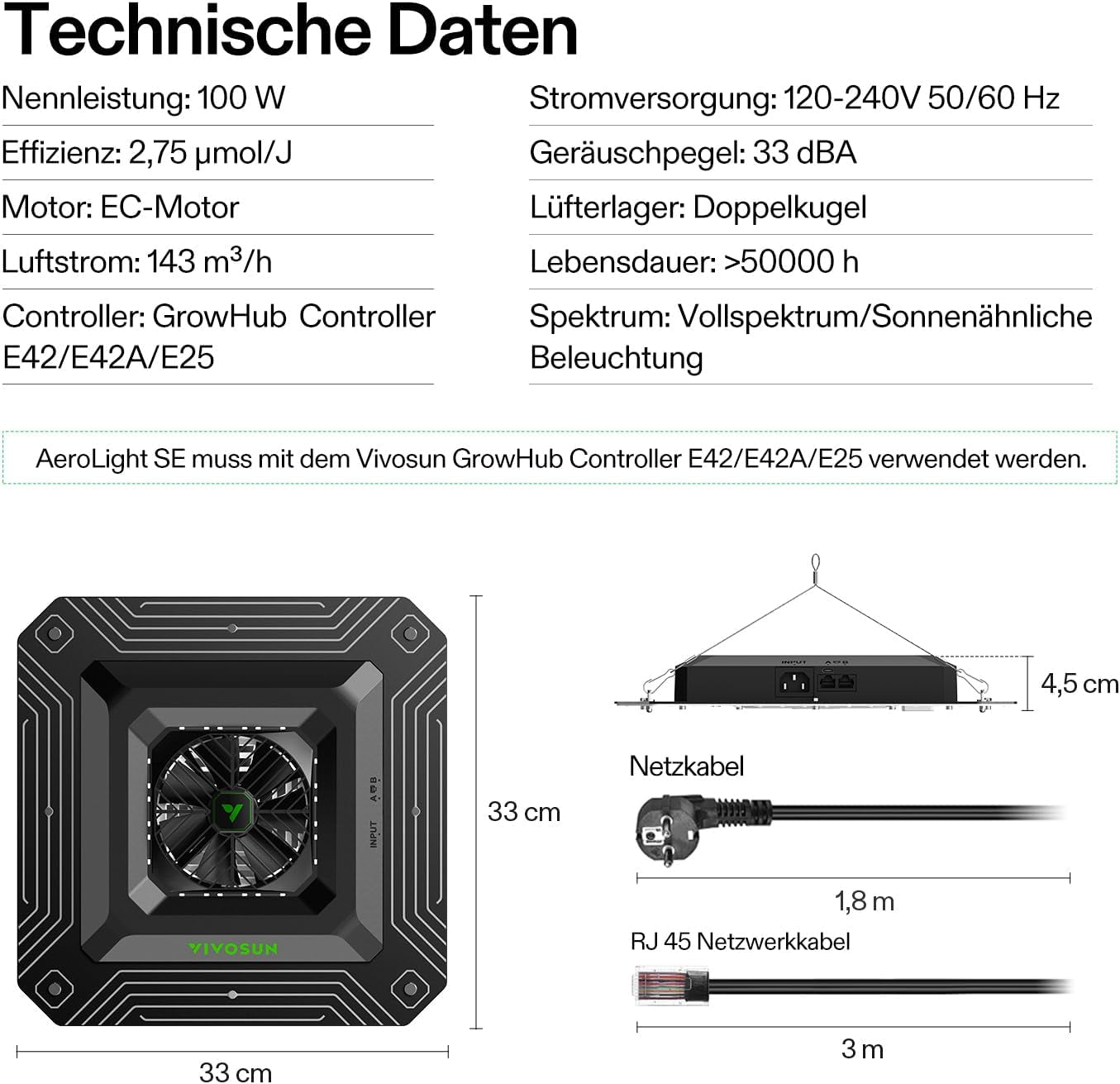 VIVOSUN Smart Grow System with 100W AeroLight A100SE LED Lamp with Integrated Circulation Fan, AeroZesh T4 100mm 357m³/h Duct Fan and GrowHub E42A Controller for Grow Tents and Indoor Cultivation