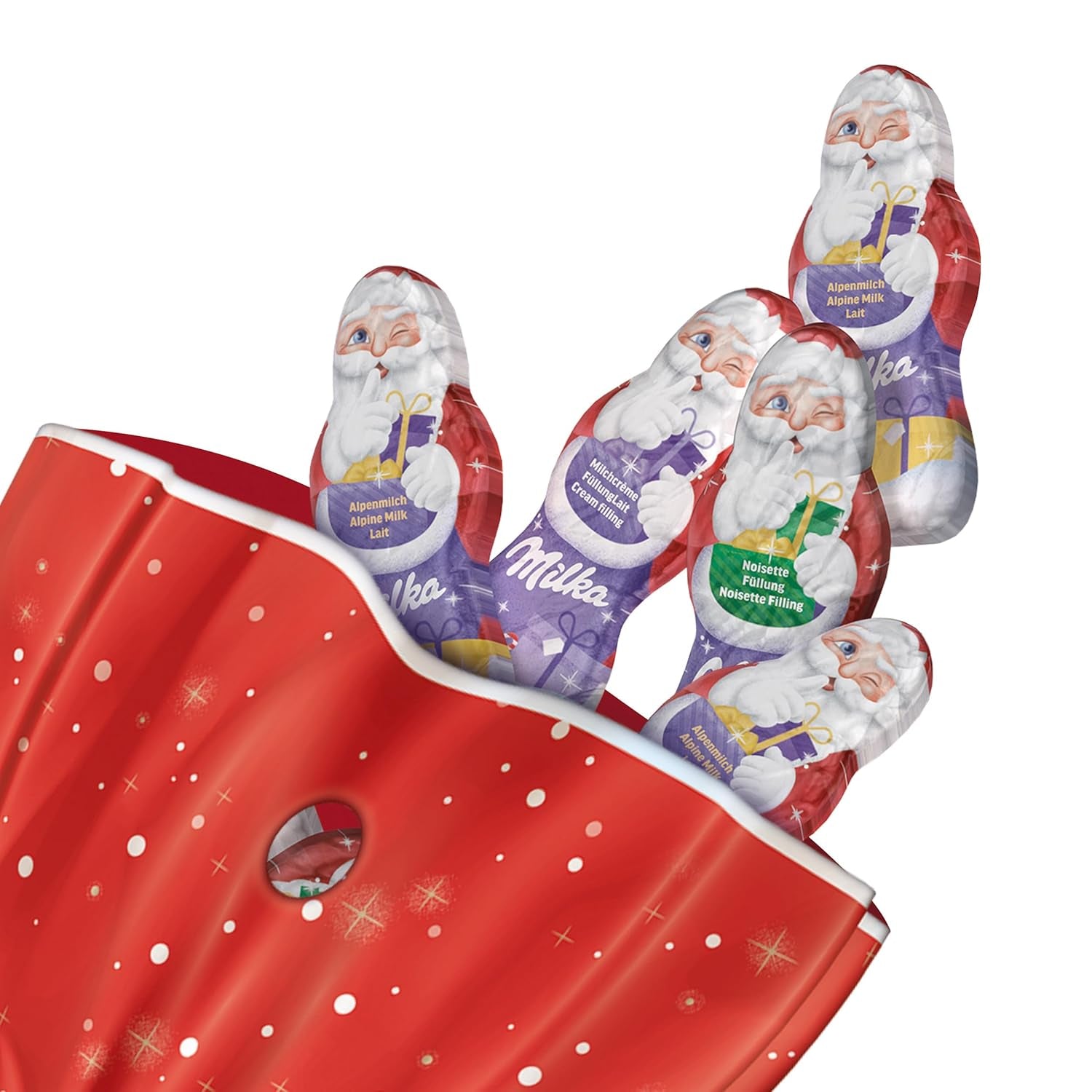 Milka Mini Santas – Alpine milk mix, milk cream and hazelnuts in festive individual packaging – 120g