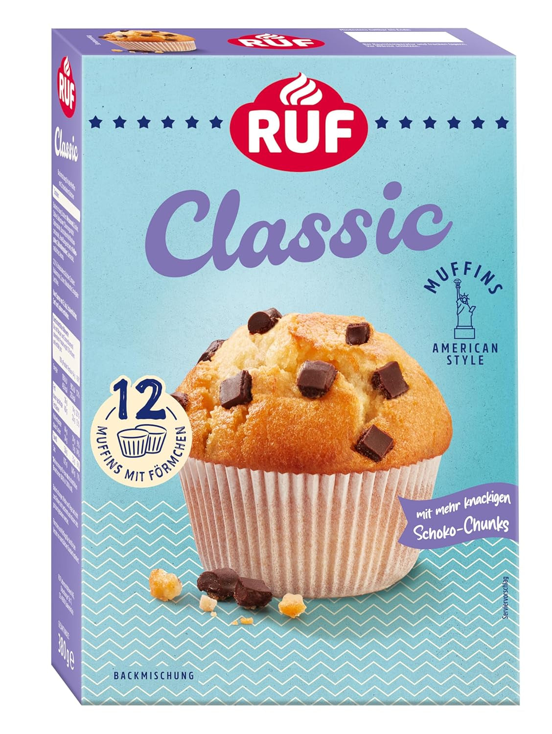 RUF Cheesecake-Muffins Backmischung, American Style Muffins Mit Cremiger Füllung, Einfache Zubereitung, 12 Muffin-Förmchen Inklusive Naty Shop Hell 3-Teiliges Set