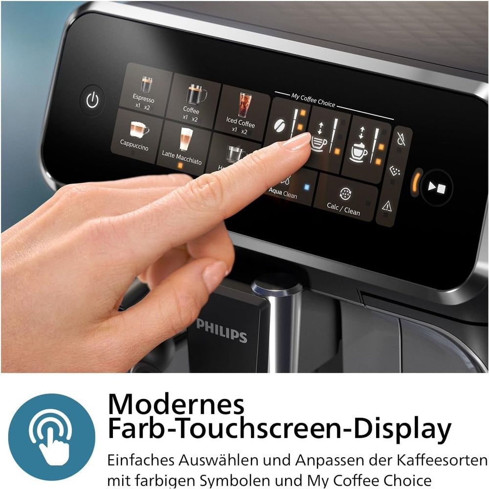 Espressor automat PHILIPS seria 3300 - 6 băuturi, ecran tactil color modern, sistem de preparare a laptelui LatteGo, SilentBrew, râșniță 100% ceramică, filtru AquaClean. Crom negru (EP3347/90)