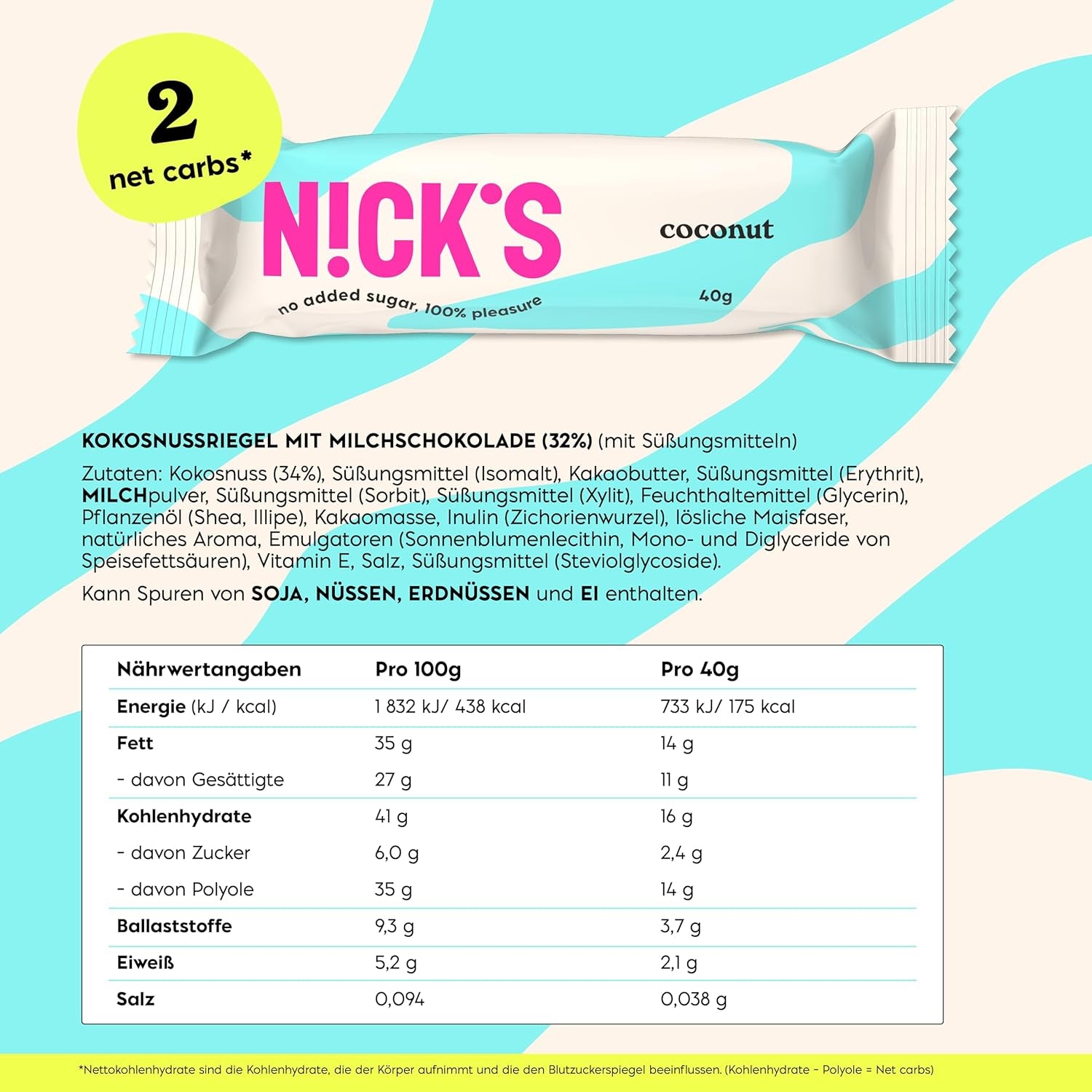 NICKS Keto Coconut Bars, Chocolate Coconut Snacks, 175 Calories, 2 Net Carbs, No Added Sugar, Gluten Free, Low Carb Sweets (15 x 40g)