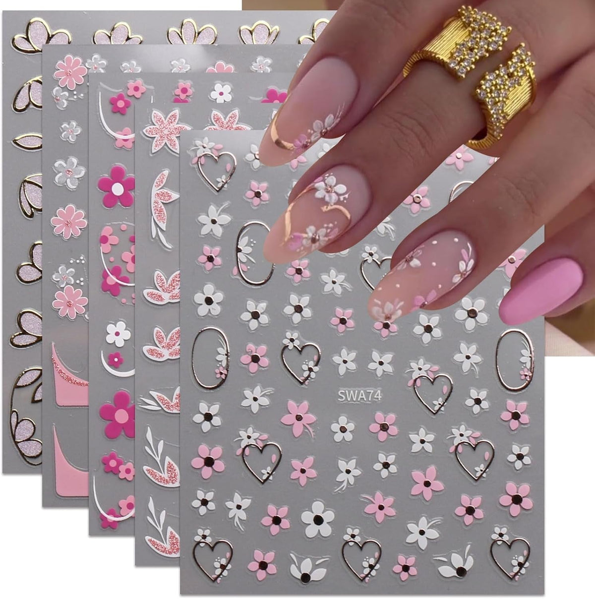 JMEOWIO Nagelsticker Blume 9 Blatt Nail Art Sticker Selbstklebend Nagelaufkleber Frühling Sommer Floral Dekoration Nageldesign Zubehör