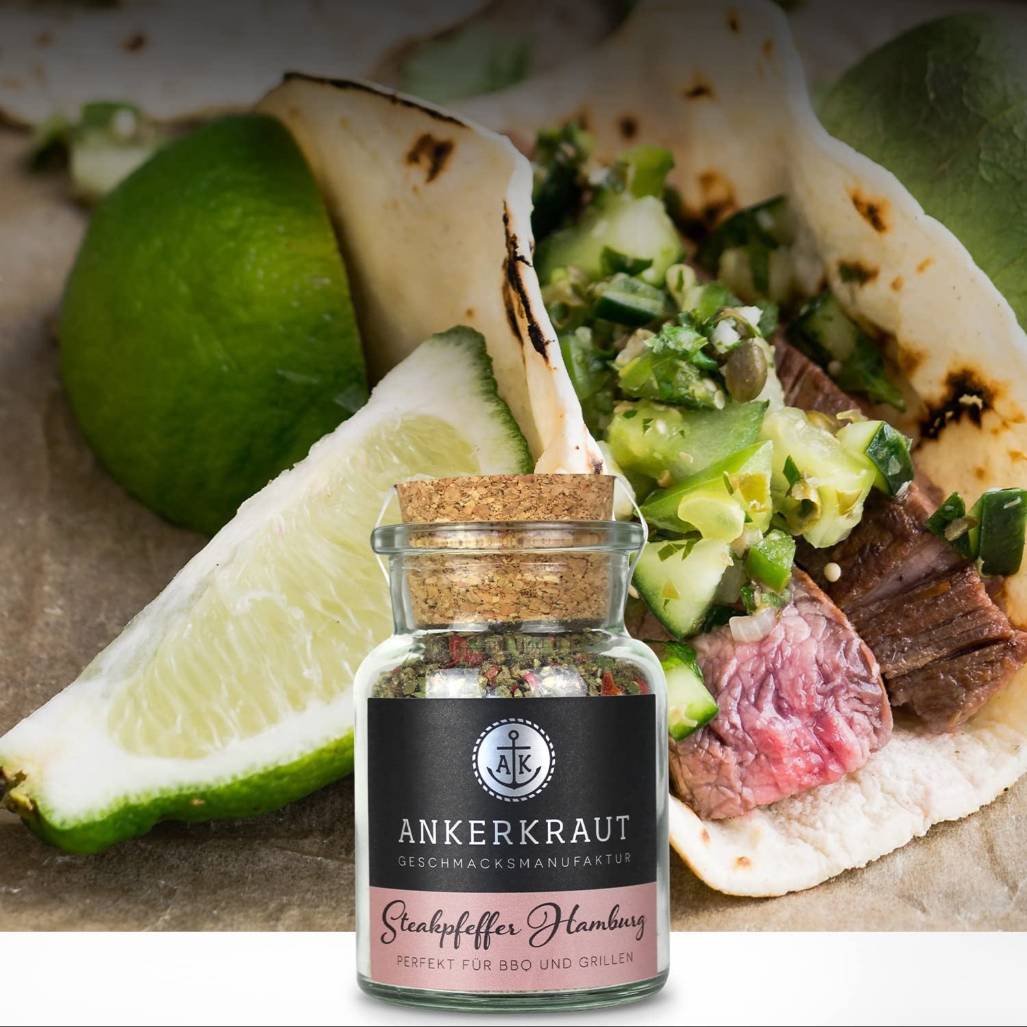 Ankerkraut Steakpfeffer Hamburg, Pfefferkörner Hausmischung, grober Steakhouse-Pfeffer, frische Note, Universal Allrounder, Lecker Kochen mit Qualität, 80 g im Korkenglas