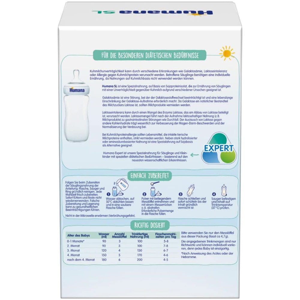 Humana SL Expert, from birth, special food for cow's milk intolerance due to lactose intolerance, galactosemia or cow's milk protein allergy, for infants and small children, 600 G Mother and Child Naty Shop