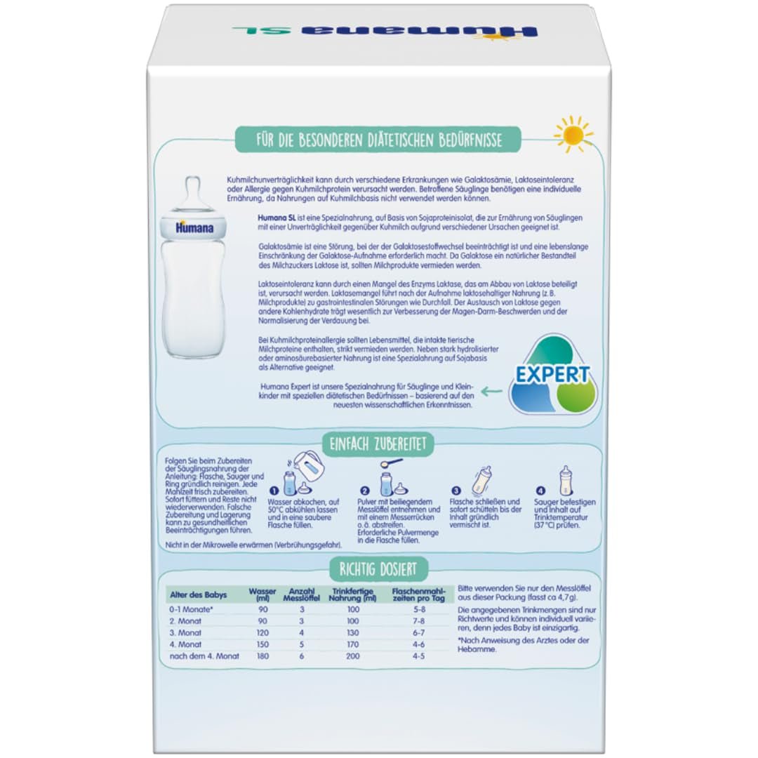Humana SL Expert, from birth, special formula for cow's milk intolerance caused by lactose intolerance, galactosemia or cow's milk protein allergy, for infants and young children, 600g