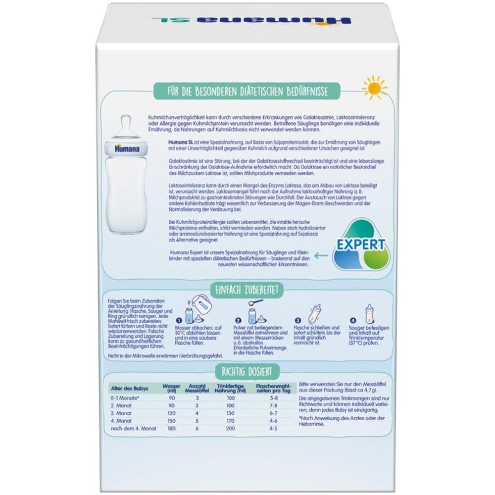 Humana SL Expert, from birth, special formula for cow's milk intolerance caused by lactose intolerance, galactosemia or cow's milk protein allergy, for infants and young children, 600g
