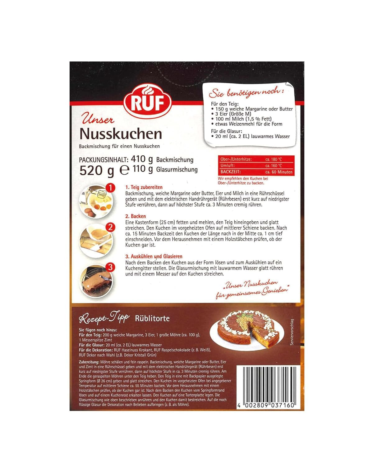 RUF Nusskuchen, Backmischung Mit Schneller Und Einfacher Zubereitung, Nussig Und Locker Mit Glasur, Als Grundlage Für Rüblikuchen, Vegan, 1 X 520G Naty Shop