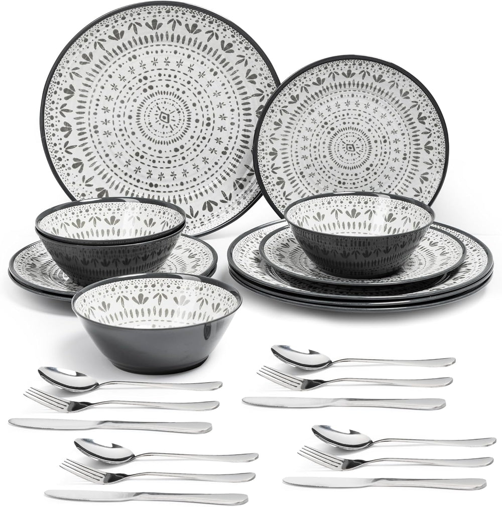 Set de tacâmuri din melamină, format din 24 de piese, tacâmuri pentru camping pentru 4 persoane, set de farfurii și veselă - pentru călătorii și utilizare în aer liber