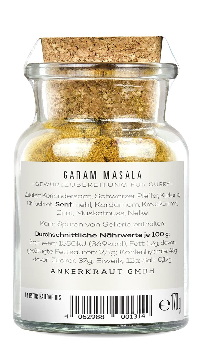 Ankerkraut Garam Masala, Gewürz für indisches Gericht, Leckeres Curry mit Fleisch würzen, Taste of India, 65 g in cork glass