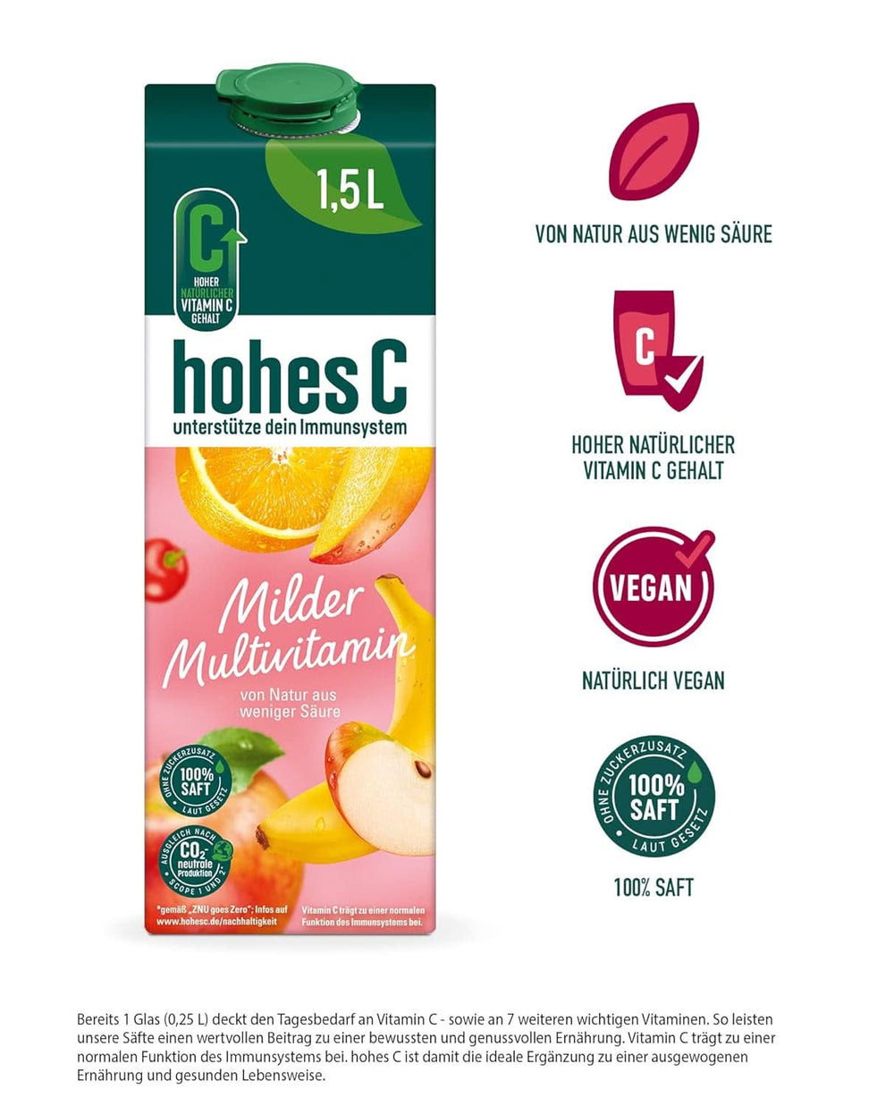 High C Mild Multivitamin (1 X 1.5L), 100% juice, apple, orange, acerola, mango, 7 vitamins, No added sugar according to law, Less acid, Vegan Non-alcoholic drinks Naty Shop