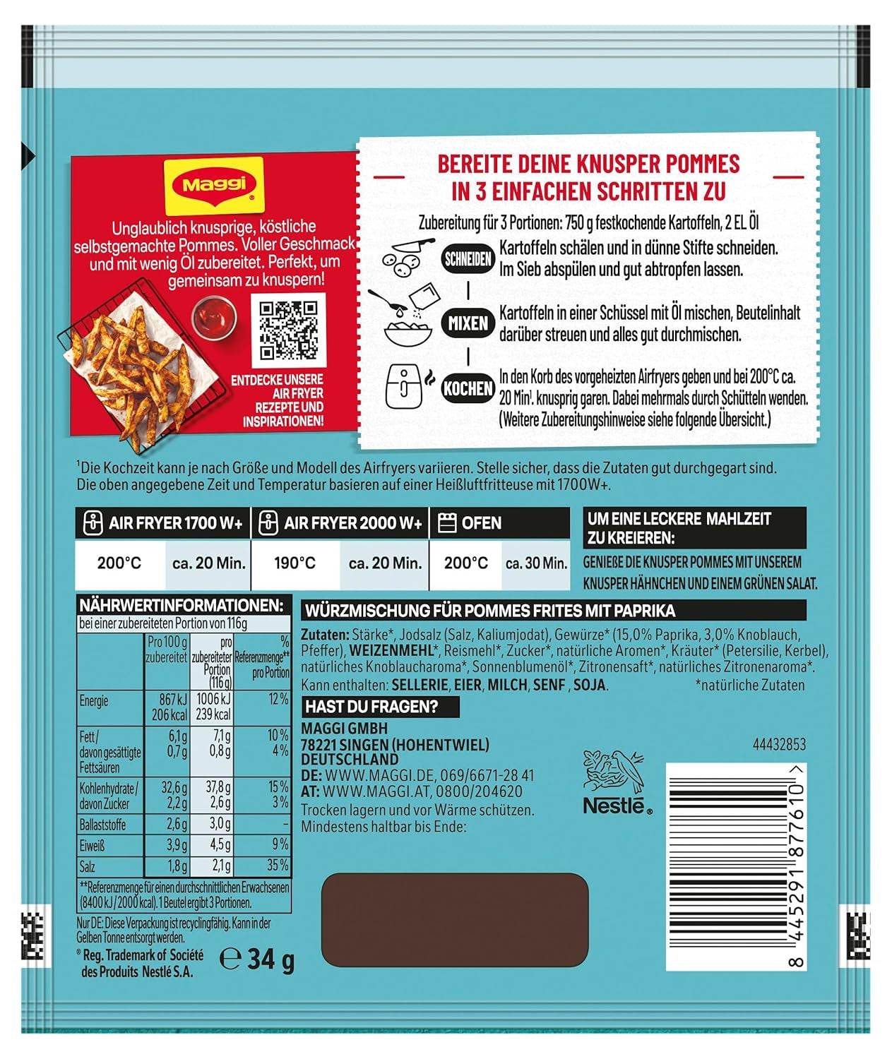 MAGGI Airfryer Pommes Frites - Paprika, 1er Pack (1 x 34g)