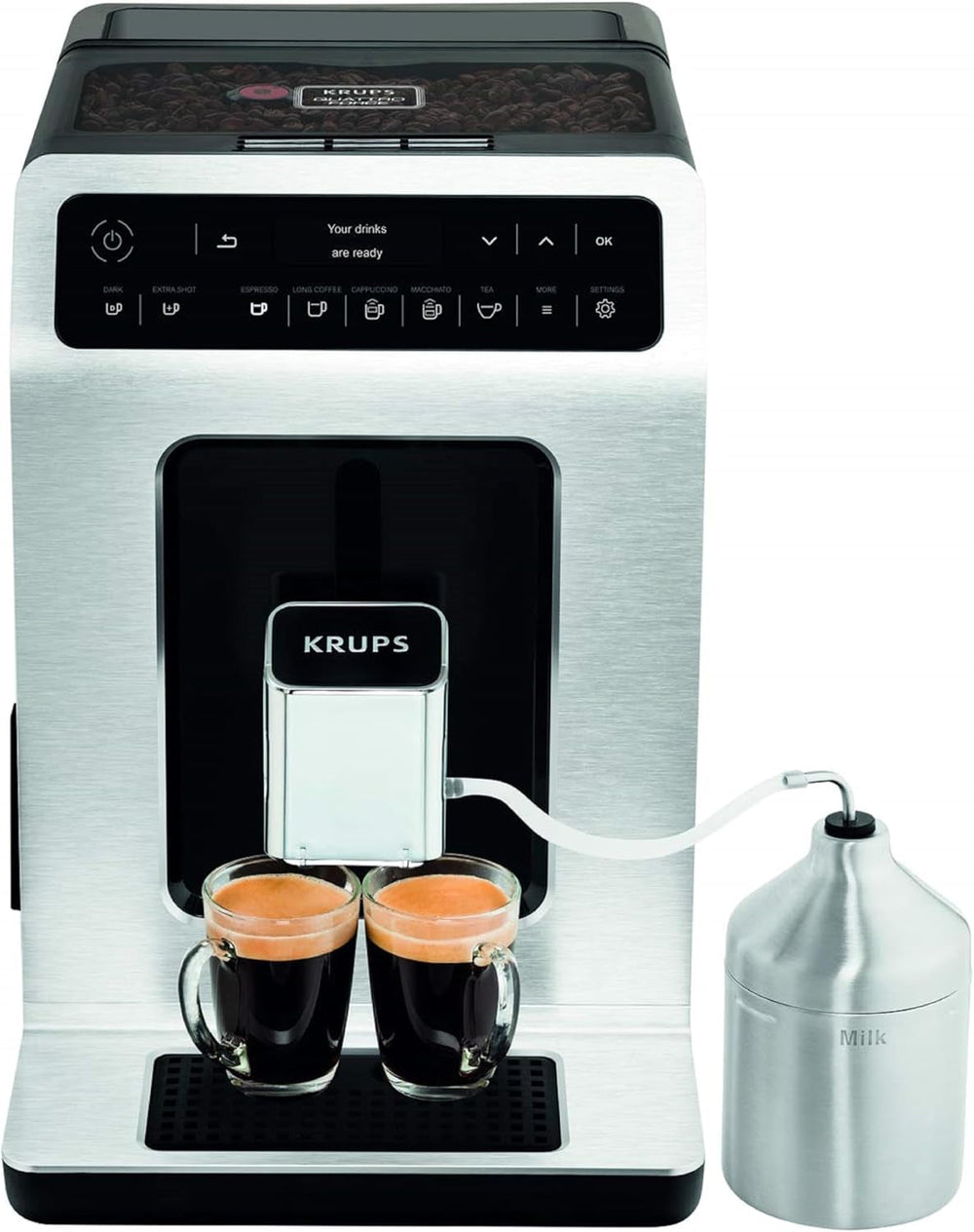 Espressor automat KRUPS Evidence One cu furtun pentru lapte, cappuccino cu o singură atingere, 12 specialități de băuturi, funcție pentru 2 cești, afișaj color, espressor, certificat TÜV, negru, EA895N10