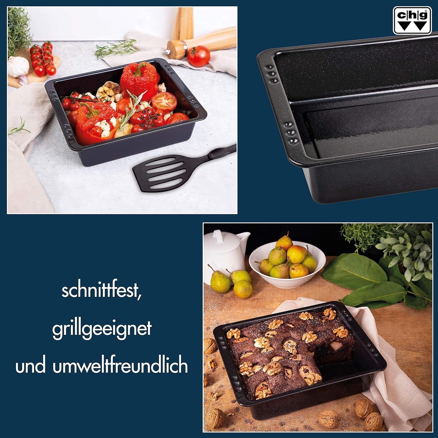 Chg SET 341-46-60 Extra Tiefe Ofenform (7.0 Cm) "Emaille" Mit Profi-Pfannenwender", Schwarz Gesprenkelt Molds and trays for baking Naty Shop