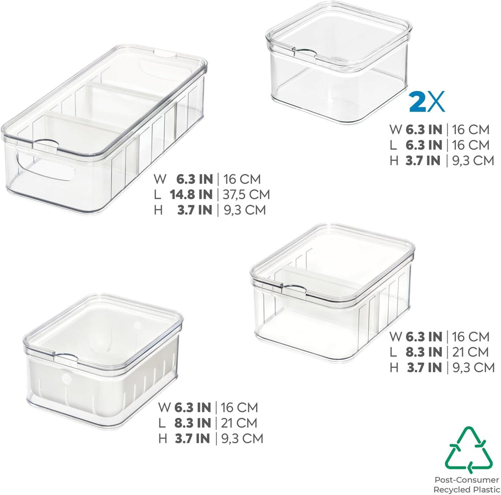 Cutii de depozitare iDesign, organizator frigider cu capac într-un set de 5, cutii de depozitare a alimentelor din plastic reciclat pentru organizarea consumabilelor, transparente și albe Cutii depozitare alimente Naty Shop