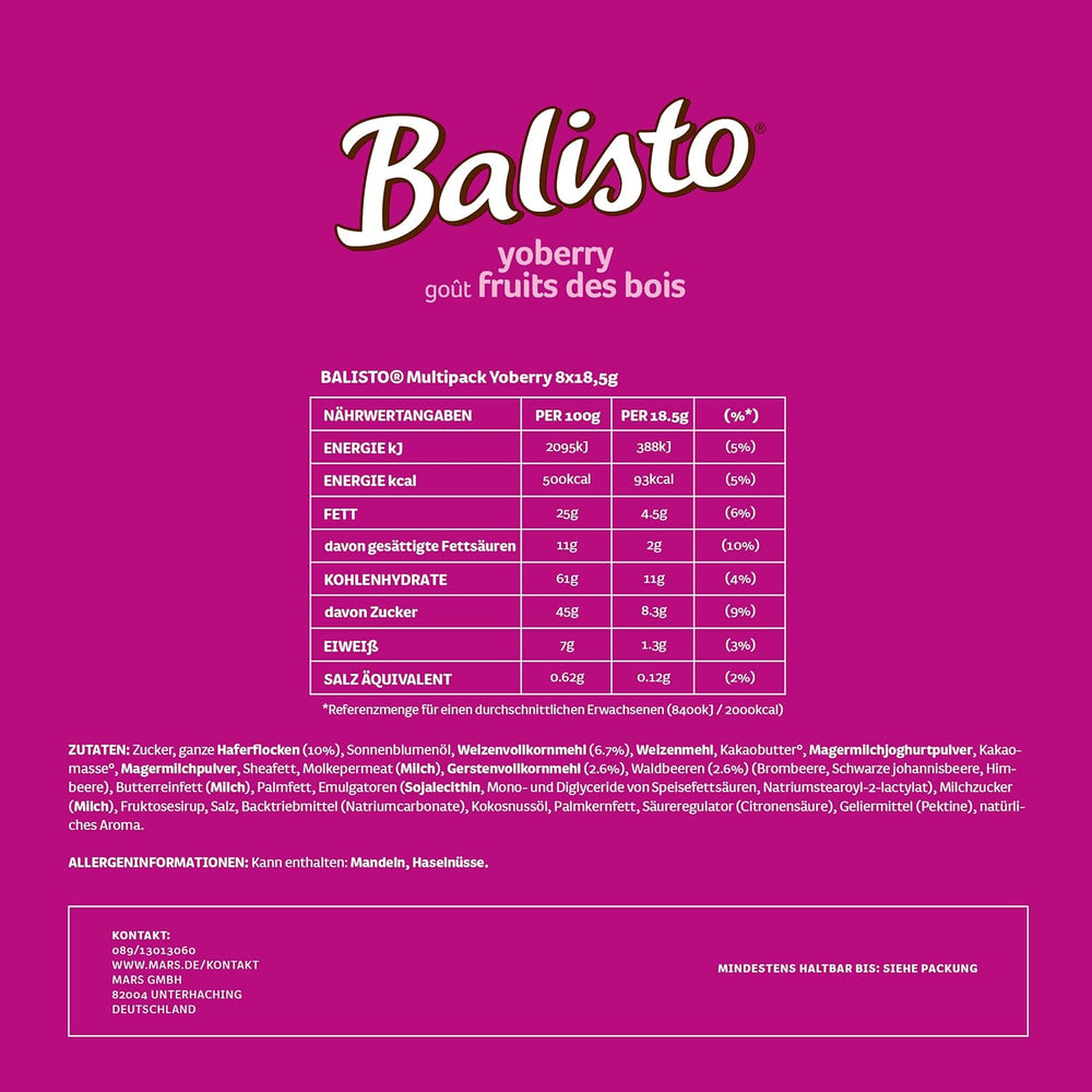 Balisto Chocolate Pack Bulk, Yoberry, Cereal & Yogurt Chocolate Bars, 8 x 18.5g, Chocolate, Muesli Bars, Chocolate Bulk Pack (148g)