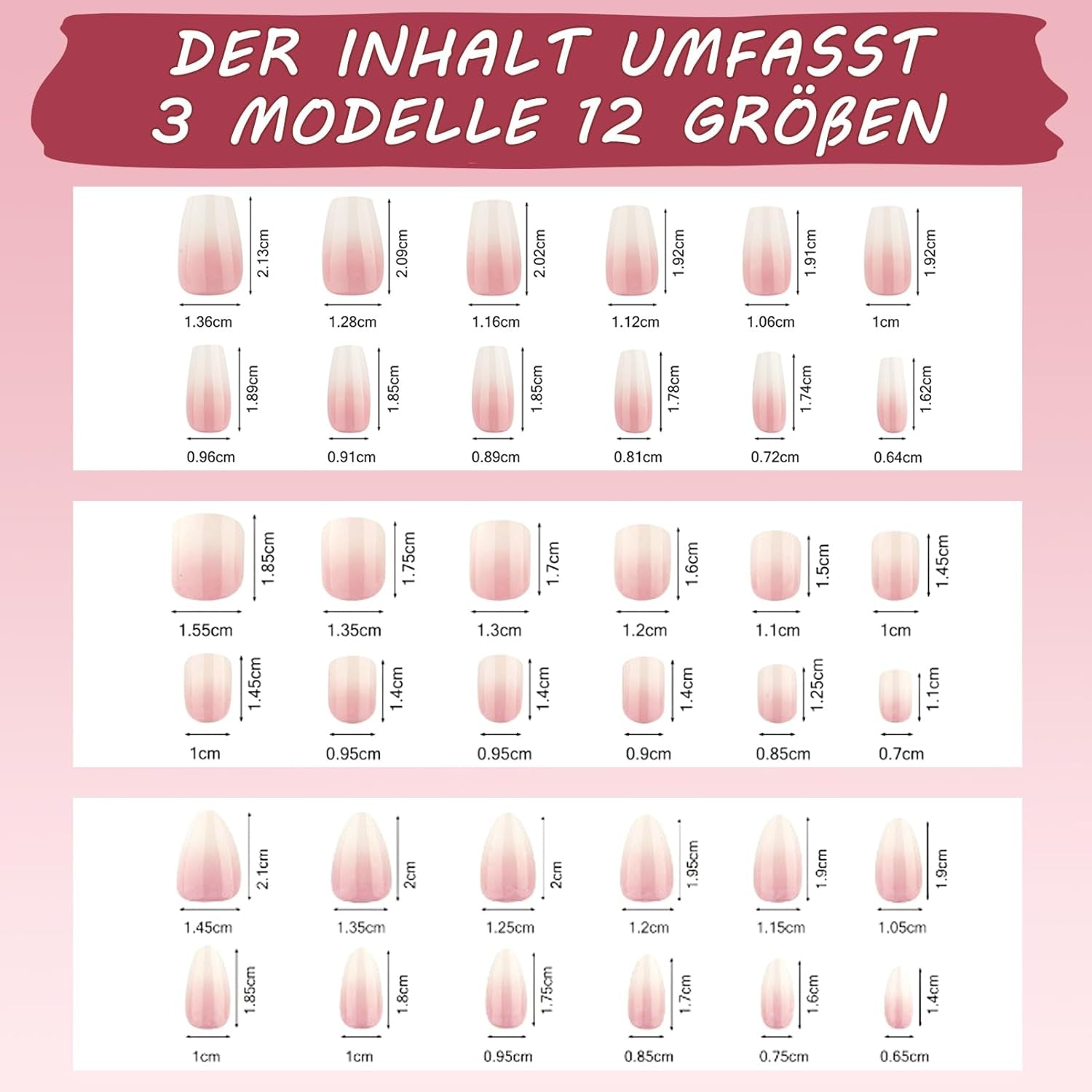 Set 288 bucăți unghii false Ombre Press-on - Kit unghii false artificiale Almond Square Medium Coffin - 3 stiluri gradient cu lipici pentru unghii acrilice pentru femei (Set gradient, 288 bucăți)