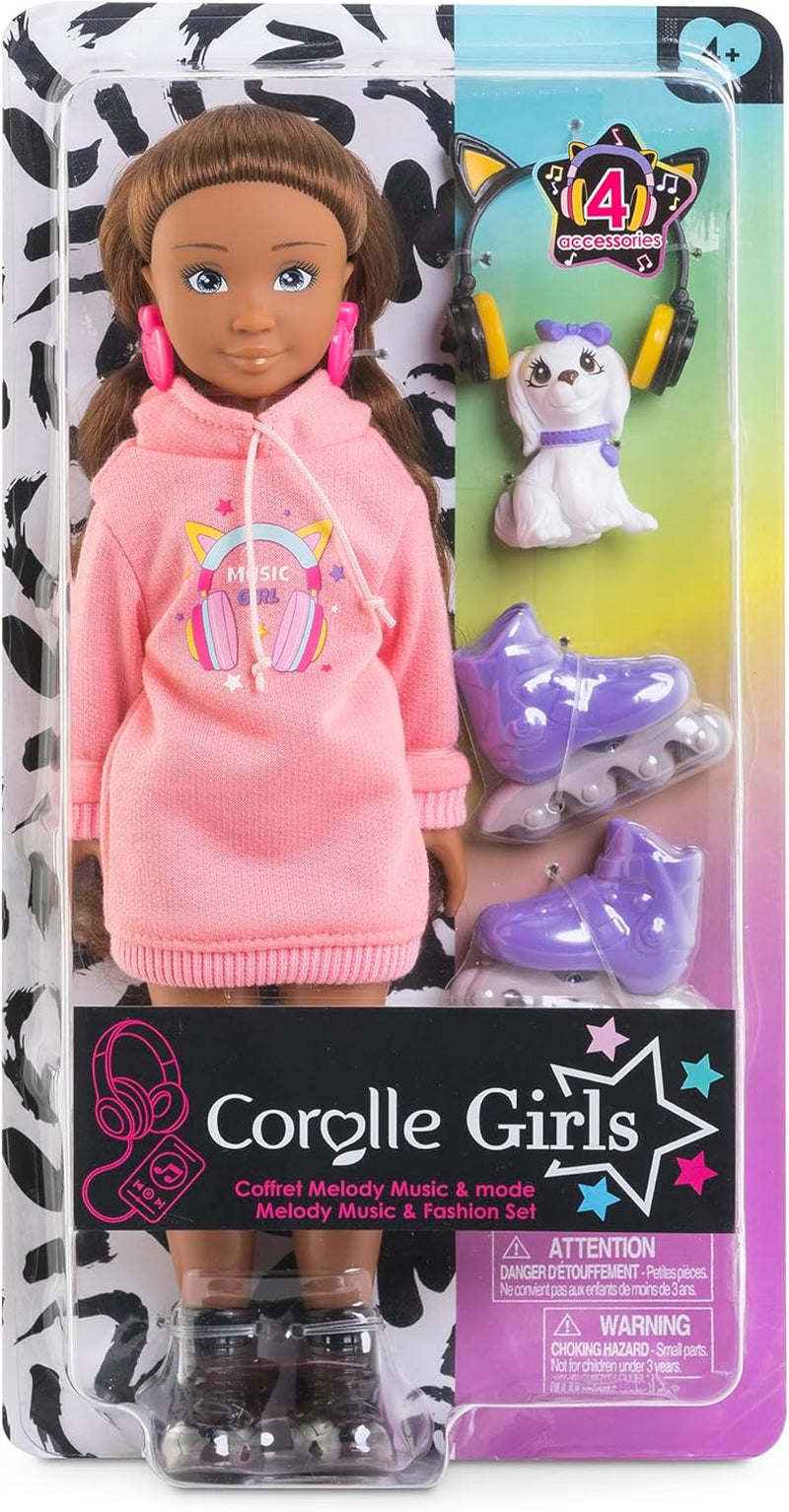 Corolle Girls Melody Music und Fashion Set, Ankleidepuppe im cool Hoodiekleid mit Hund, trendy Kopfhörer, Ohrringe und extra Inlineskates, Vanilleduft, 28cm, ab 4 Jahren