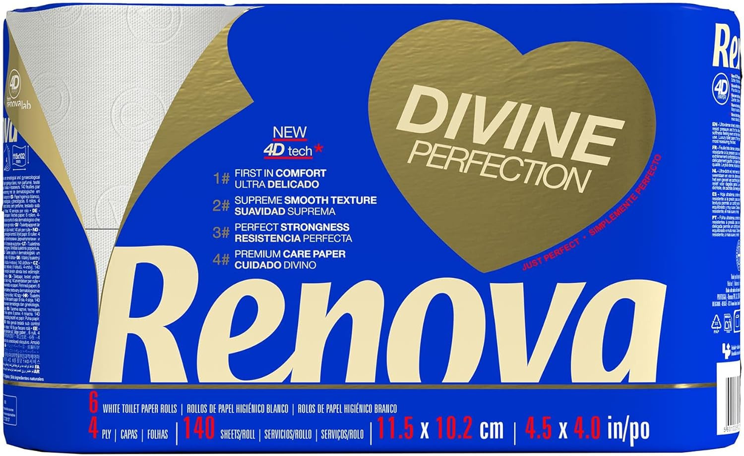 Hârtie igienică Renova Renova Divine Perfection, 42 role, hârtie igienică premium, 4 straturi, ultra moale, rezistență sporită, grosime, moale și absorbantă, hârtie certificată Fsc, 4400 G