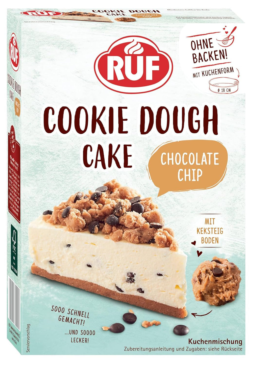 RUF Cookie Dough Cake Ohne Backen, Tortenboden Aus Keksteig Mit Frischkäse-Creme Und Schokoladenstückchen, Inkl. Kuchenform, 1X325G Mixture for baking and cooking Naty Shop 325 G (1Er Pack) Cookie Dough Cake