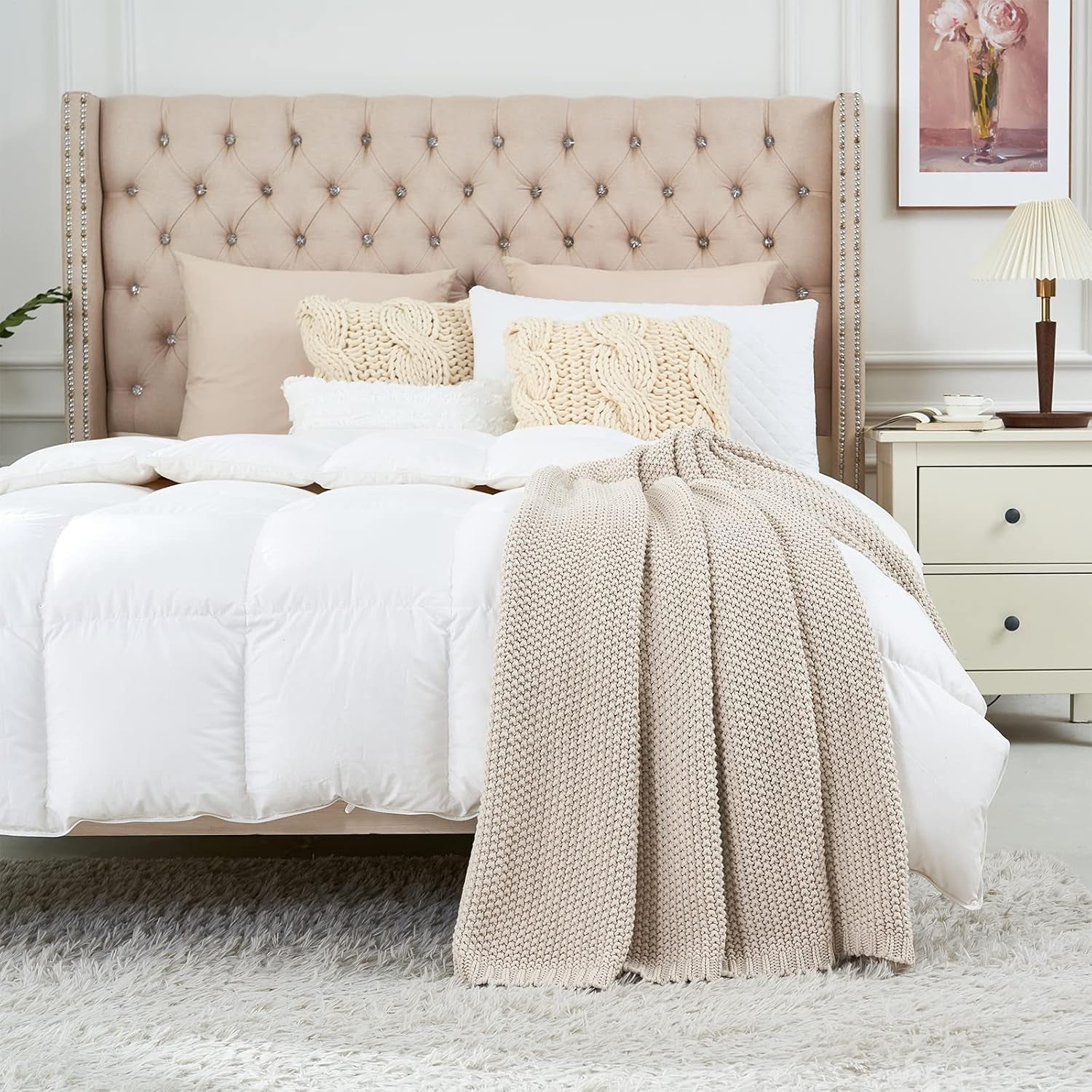 Chunky knit throw blanket, Lightweight, Beige, 100% organic cotton, Blanket for couch, sofa, bed, child, children's room, Rustic, Shabby chic, Modern farmhouse, 152.4 X 203.2 cm, Including laundry bag Beds and Blankets Longhui bedding