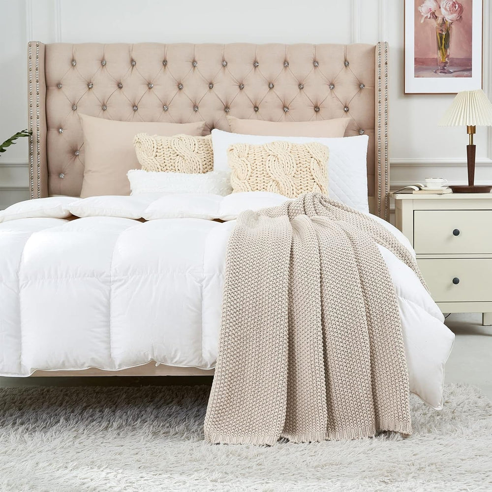 Chunky knit throw blanket, Lightweight, Beige, 100% organic cotton, Blanket for couch, sofa, bed, child, children's room, Rustic, Shabby chic, Modern farmhouse, 152.4 X 203.2 cm, Including laundry bag Beds and Blankets Longhui bedding