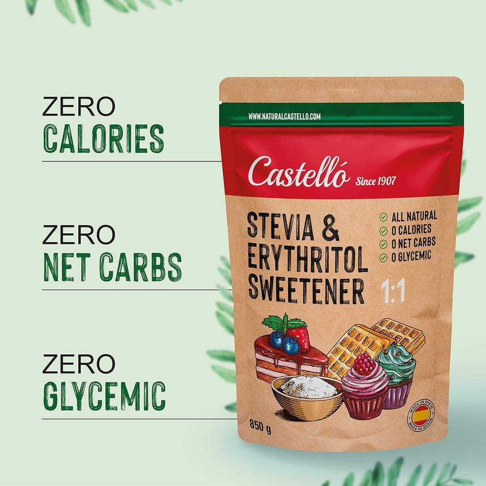 Stevia + Erythritol 1:1 Süßstoff | 1G = 1G Zucker | 100% Natürlicher Zuckerersatz - 0 Kalorien - 0 Glykämischer Index - Keto Und Paleo - 0 Netto-Kohlenhydrate - Kein GVO - Castello since 1907-850 G Sweeteners Naty Shop