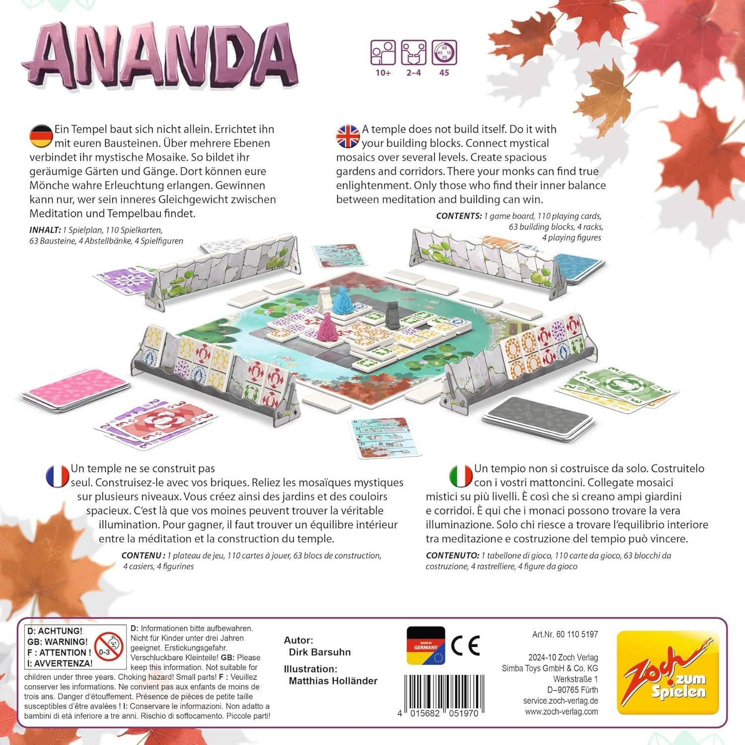 Zoch Ananda - A strategic board game with meditative influences, temple building using tactics, monks meditating in colored areas, collecting karma points, family game for ages 10 and up.