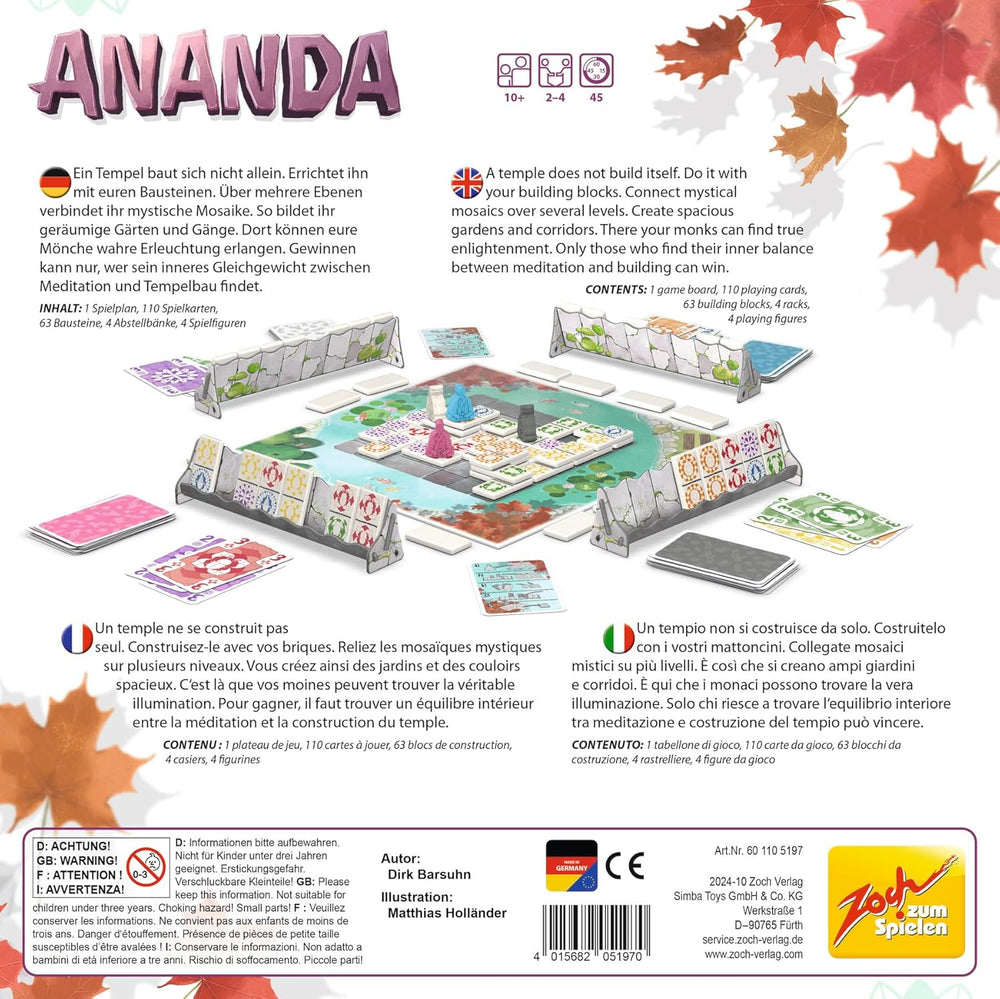 Zoch Ananda - A strategic board game with meditative influences, temple building using tactics, monks meditating in colored areas, collecting karma points, family game for ages 10 and up.