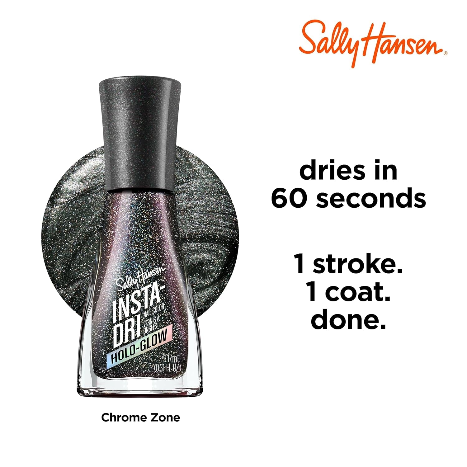 Insta-Dri Holo-Glow Nail Polish, Chrome Zone, Easy to Use, Long Lasting, Beautiful Colors, Easy to Apply, No Chipping, 19ml