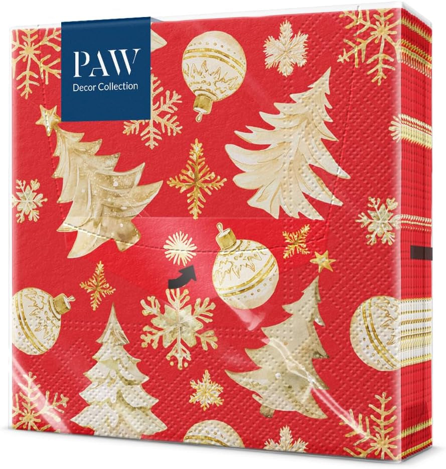 PAW - Șervețele 3 straturi (33 X 33 Cm) I 20 bucăți I Șervețele de hârtie colorate perfecte pentru masa de Crăciun I Șervețele - Crăciun, iarnă, stele, zăpadă, oameni de zăpadă I Familia Snowy