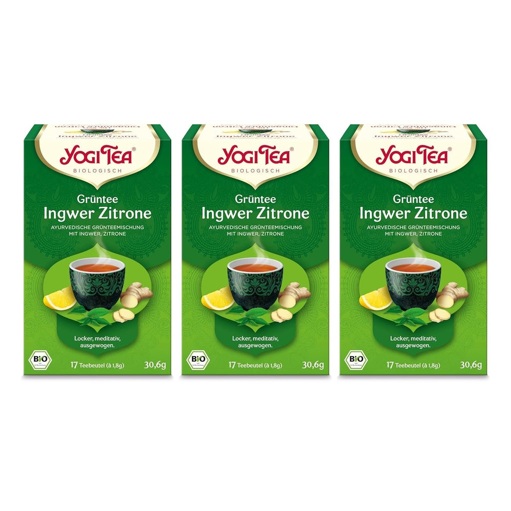 Yogi Tea - Ceai verde cu ghimbir și lămâie, ceai ayurvedic organic cu condimente și plante, amestec de ceai verde, ghimbir și lămâie, pachet de 3 ceaiuri Yogi, 3X17 pliculețe (51 pliculețe de ceai în total), ideal ca cadou
