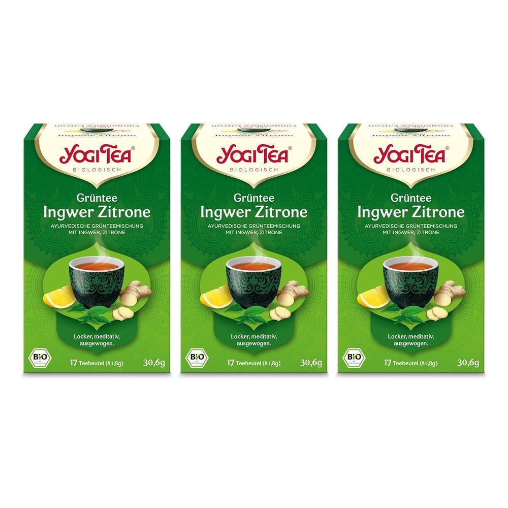 Yogi Tea - Ceai verde cu ghimbir și lămâie, ceai ayurvedic organic cu condimente și plante, amestec de ceai verde, ghimbir și lămâie, pachet de 3 ceaiuri Yogi, 3X17 pliculețe (51 pliculețe de ceai în total), ideal ca cadou